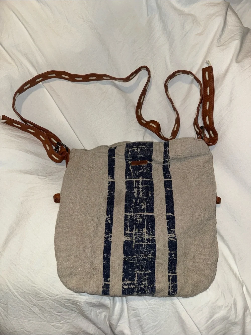 Roxy Beige Canvas Crossbody with Navy Stripes and Brown Strap